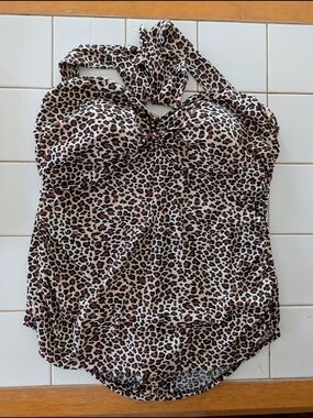 Esther Williams Classic Sheath Ruched Halter Leopard Print Swimsuit Retro 1950's
